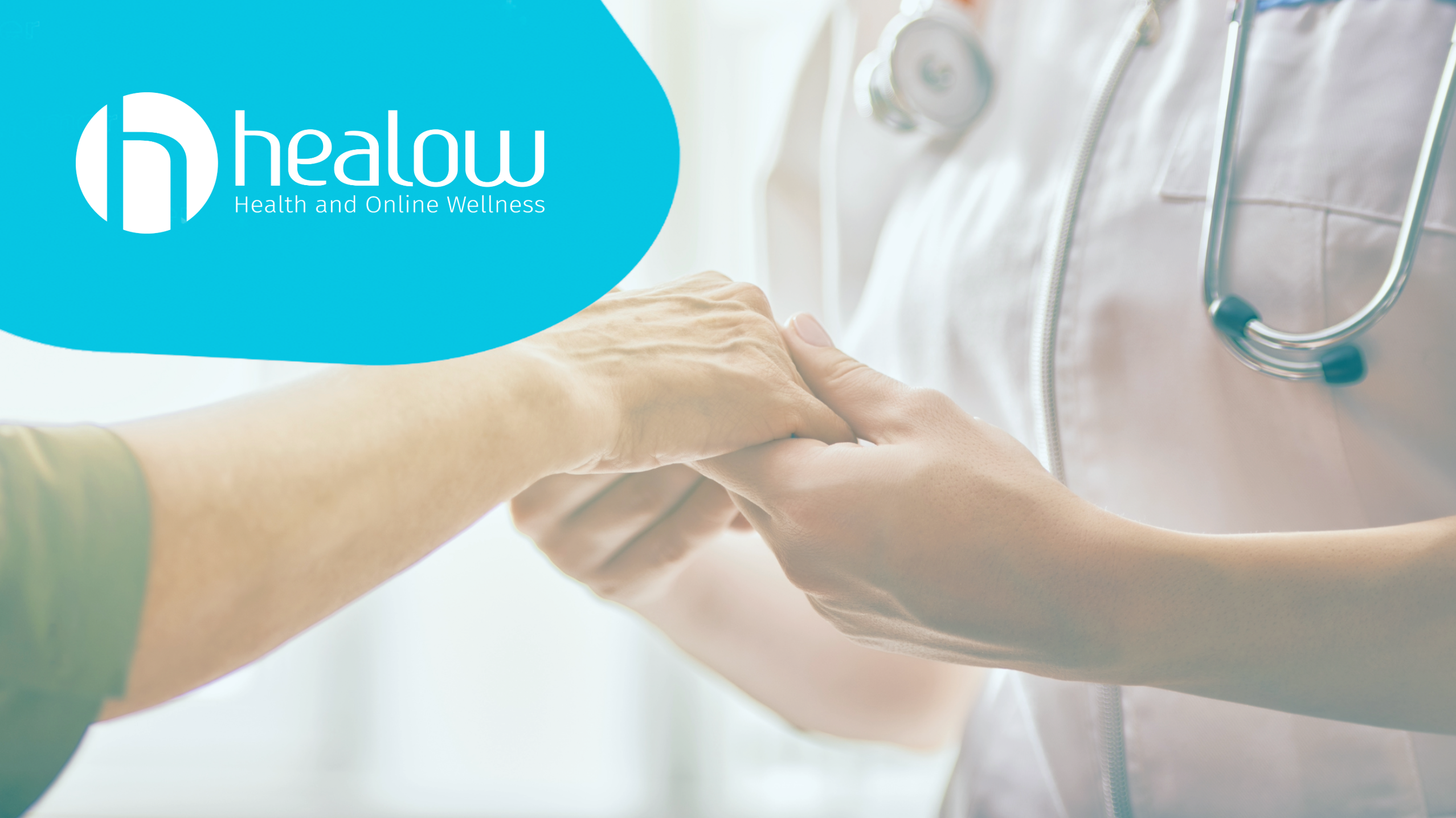 doctor holding the hand of a patient with a blue object in the upper right corner with the healow logo in white
