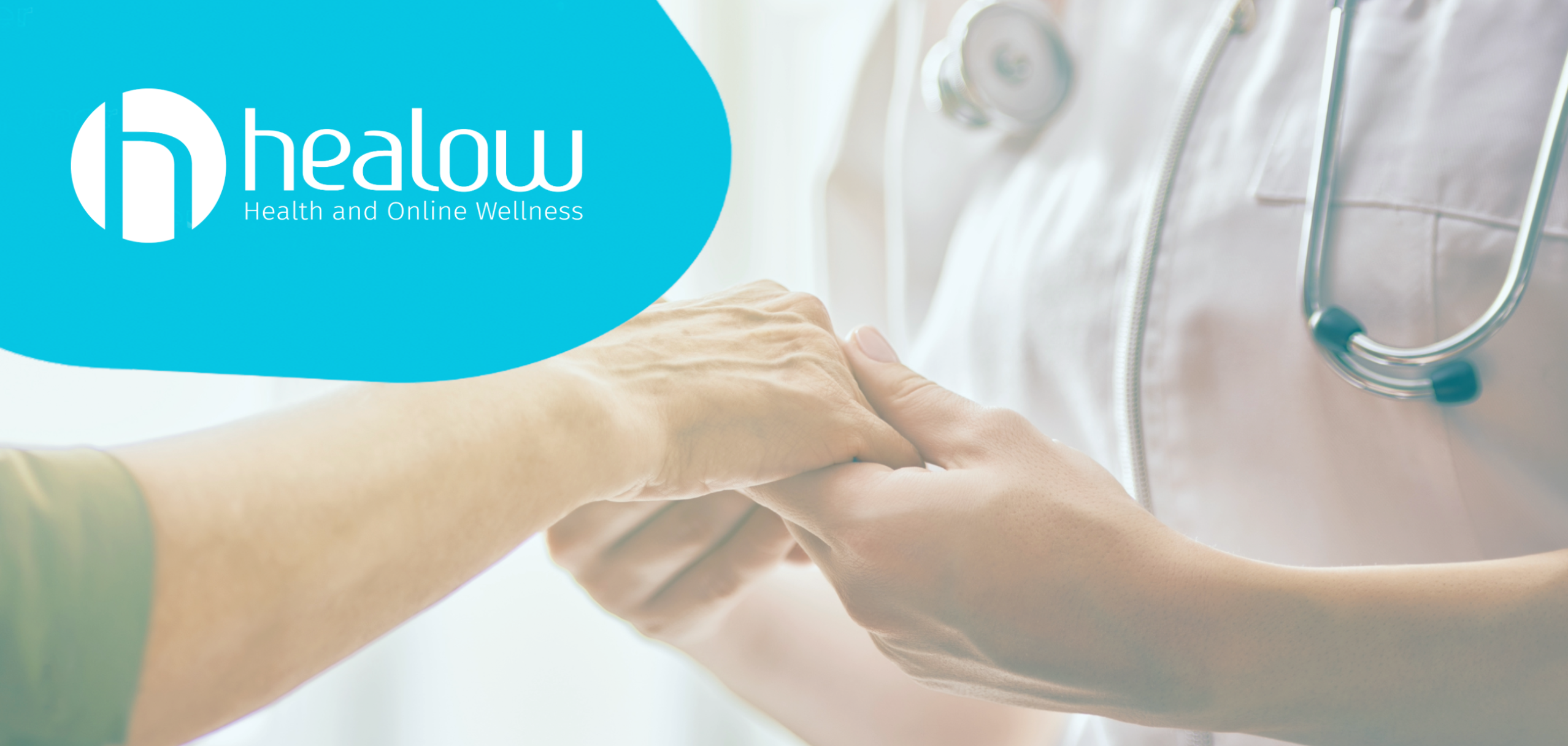 doctor holding the hand of a patient with a blue object in the upper right corner with the healow logo in white