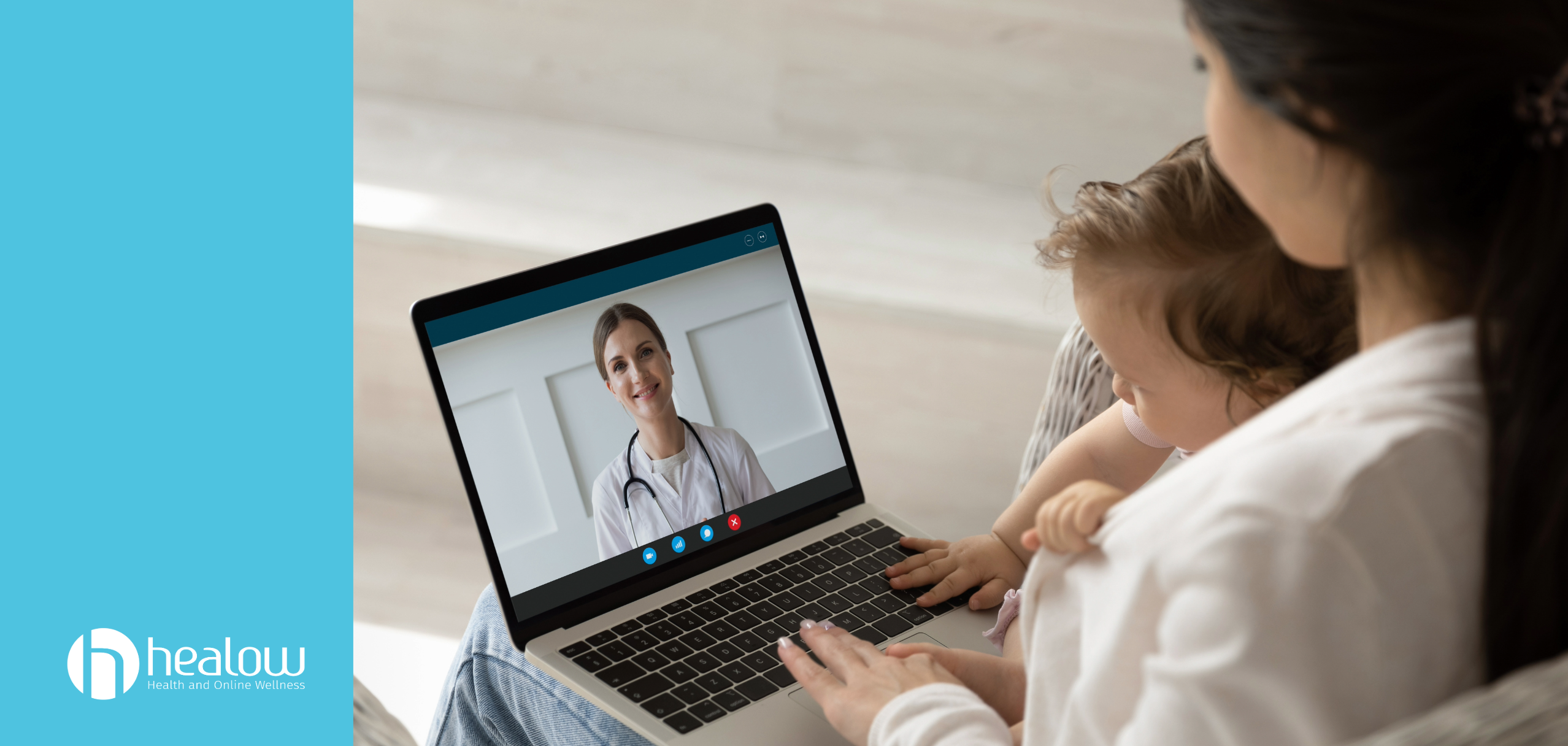 parent and child on a telehealth call with a physician